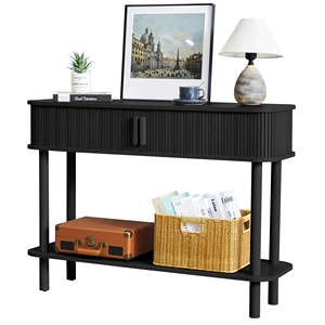 Contemporary Modern Iron Ribbed Sofa Table with Matte Black Finish Storage <b>Drawers</b> and Open Display Rack - Product Image 1