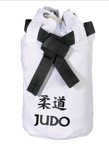Sac de Jiu-Jitsu en coton tissé perlé blanc personnalisable avec ceinture noire et motif Kanji, capacité 50-70L, haute qualité - Product Image 3