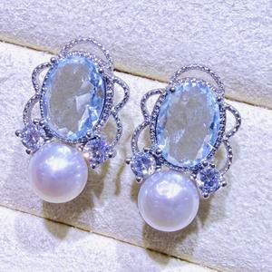 Boucles d'oreilles pendantes en zircon et perles d'eau douce bleu marine rétro français de Zhuji Source Wholesale, luxe exquis, mode bleu clair français - Product Image 1