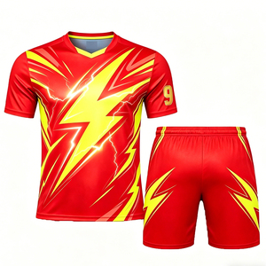 Conjunto de Camiseta de Fútbol Roja para Hombre, Diseño de Rayos Amarillos, Número 9, Pantalones Cortos de Poliéster de Secado Rápido, Cuello Redondo, Manga Corta, para Equipo - Product Image 5