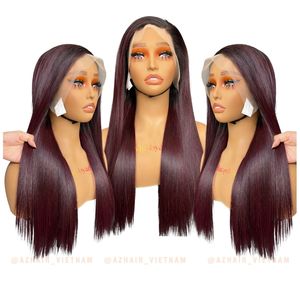 Dark Burgundy Wig Bone Straight High Quality Remy Vietnamese <b>Hair</b> Machine Double Weft Extensions Transparent for Lace All - Product Image 2