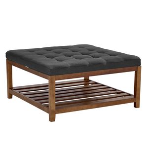 Mesa de Centro Otomana Cuadrada Grande de 34.5 Pulgadas con Estante de Madera Sólida y Reposapiés Tapizado en Lino - Product Image 5