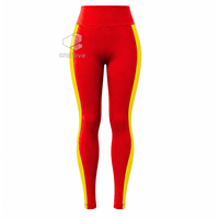 Ensemble de sport pour femme NSPDK rouge avec panneaux latéraux contrastants dorés, veste à col montant et fermeture éclair intégrale, leggings taille haute, ensemble de vêtements de sport