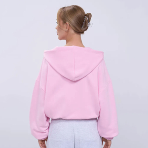 Women's Cropped <b>Zip</b> Up Hoodie Oversized Cotton Fleece <b>Hooded</b> Sweatshirt Casual Long Sleeve Jacket Custom OEM ODM - Product Image 2