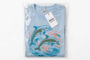 Camiseta informal de verano con estampado de delfines retro, cómoda, de manga corta y cuello redondo, color azul claro, para mujer - Product Image 4