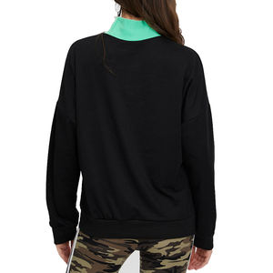 Sweat-shirt noir à col montant pour femme, col contrastant vert, manches longues, coupe oversize, style décontracté - Product Image 2