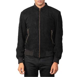 Chaqueta Bomber Elegante de Ante de Piel de Oveja Negra con Forro de Poliéster, Cierre de Cremallera, Cuello Varsity y Puños de Punto Acanalado - Product Image 2