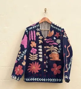 Luxury Navy Blue <b>Velvet</b> Suzani Embroidered <b>Jacket</b> with Floral Print Full Sleeve V-Neck Handmade Bohemian <b>Women's</b> Winter Coat - Product Image 3
