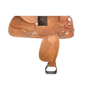Silla de montar western de cuero tópico para carreras de barriles, con asiento rígido y adornos florales grabados a mano, herrajes de acero inoxidable, para equitación de sendero y vaquera, 10-18 pulgadas - Product Image 2