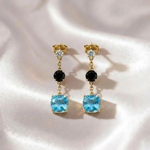 Elegant Sky <b>Blue</b> Topaz & Black Obsidian Drop <b>Earrings</b> Cushion Cut Gemstone Jewelry Minimalist Fine <b>Stud</b> <b>Earrings</b> Gift For Women - Product Image 3
