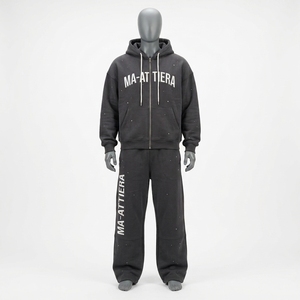 Conjunto Deportivo para Hombre con Capucha, Cierre Completo, Color Gris Sólido, Estampado de Letras, Corte Holgado, Estilo Urbano, Sudadera y Pantalones Transpirables de Algodón - Product Image 3