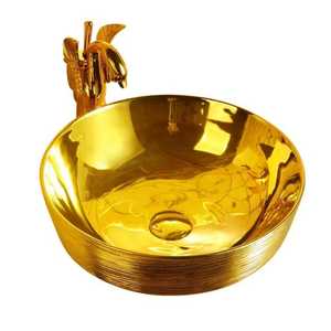 Luxury <b>Round</b> Diamond Cut Gold Vessel Sink Above Counter Artistic Golden Bathroom <b>Basin</b> High End Ceramic Vanity Bowl - Product Image 3