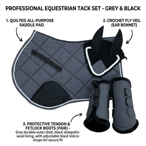 Conjunto profesional de equipo para salto ecuestre: almohadilla contorneada para silla de montar, botas de salto con frente abierto y gorro antimoscas de ganchillo hecho a mano - Product Image 2