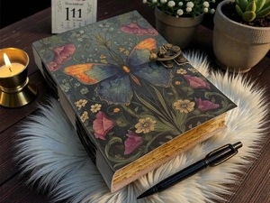 Herb Heritage Journal Grimoire en Cuir de buffle fait main avec logo gaufré motif papillon, fleur et papillon des lumières - Livre de sorts vintage vierge pour les ombres - Product Image 5