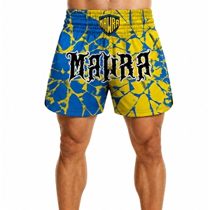 Shorts de Muay Thai MAWRA bleu électrique et jaune, imprimé verre brisé, sublimation personnalisée professionnelle pour le kickboxing et le MMA, 100% sublimation sur le devant - Product Image 1