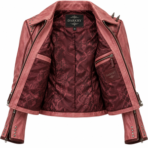 Chaqueta de cuero genuino para mujer, color rosa polvo, estilo motero, con cinturón y hombros con púas, estampado gráfico personalizado, proveedor OEM - Product Image 5