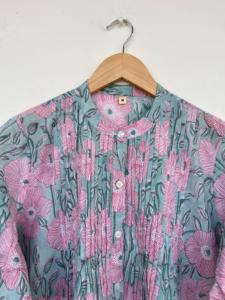 Vintage Sage Green Pink Floral Print Blouse Women <b>Collarless</b> Long Sleeve Button Down Loose <b>Shirt</b> Boho Casual Summer Tunic Top - Product Image 2