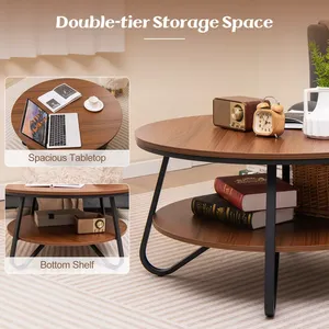 Mesa de Centro Redonda de Madera de 2 Niveles con Estructura Metálica Resistente Estilo Mid-Century, con Estante Abierto para Almacenamiento, Estilo Rústico para Sala de Estar u Oficina - Product Image 5