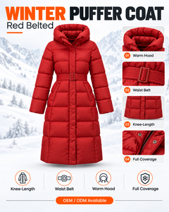 Women'<b>s</b> Red Long Puffer <b>Coat</b> <b>Winter</b> <b>Warm</b> Hooded Belted Quilted Parka Windproof <b>Winter</b> <b>Coat</b> Casual Thick Polyester Slim Fit <b>Coat</b> - Product Image 6