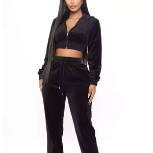 Women <b>Velvet</b> 2 Piece <b>Tracksuit</b> Set Full Sleeve Hooded Crop Top With Zipper Loose Fit Joggers Solid Black All Seasons Casual - Product Image 1