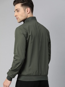Men's Olive Green Bomber <b>Jacket</b> Stand Collar Zipper Front Casual Solid Color Slim Fit Breathable Polyester Autumn Wear - Product Image 3