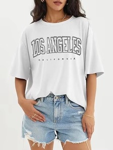 เสื้อยืดคอกลมโอเวอร์ไซส์สีขาวสำหรับผู้หญิง แขนสั้น พิมพ์ลายลอสแอนเจลิส แคลิฟอร์เนีย ผ้าฝ้ายเจอร์ซีย์ 100% ทรงหลวม - Product Image 3