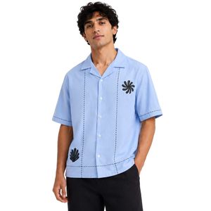 Camisa de Hombre con Cuello Cubano Azul Claro, Manga Corta, Diseño Bordado Negro, Algodón y Lino, Cierre de Botones, Estilo Casual de Verano para Playa - Product Image 1