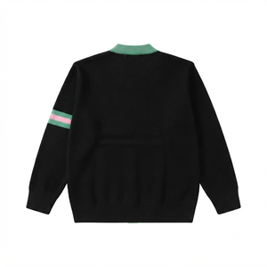 2026 New Style Black <b>Customized</b> Greek Cardigan Sweater V Neck Varsity Sweater 100% Cotton Breathable Chenille Front Logo Knitted - Product Image 2
