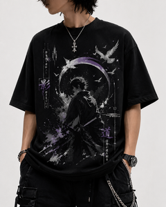 Camiseta con Estampado de Guerrero Estilo Anime, Algodón Grueso, Corte Holgado - Product Image 3