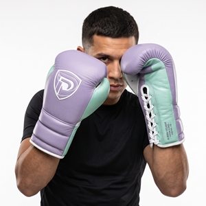 Dumela Purple and Mint Leather Boxing Gloves with <b>White</b> <b>Laces</b> and Logo Design - Product Image 6