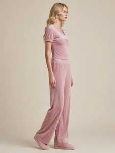 Women <b>Velvet</b> 2 Piece Lounge Set Short Sleeve V Neck <b>Top</b> And Long Pants - Product Image 2