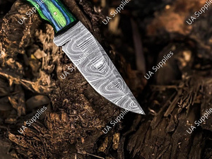 มีดล่าสัตว์และตั้งแคมป์ใบมีดเหล็กดามัสกัสคุณภาพสูง ขนาด 8 นิ้ว ด้ามจับไม้ปักก้าสีเขียวน้ำเงิน ออกแบบตามหลักสรีรศาสตร์ คมกริบ พร้อมซองหนัง รับผลิตแบบ OEM - Product Image 6