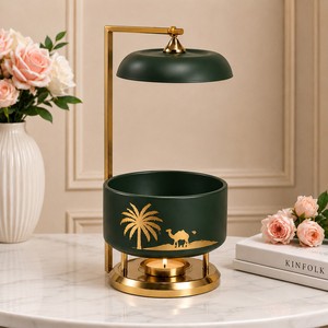 Chauffe-plat de luxe de style arabe avec un élégant motif palmier et chameau, bol en céramique haut de gamme, finition dorée, cadre métallique, parfait - Product Image 2