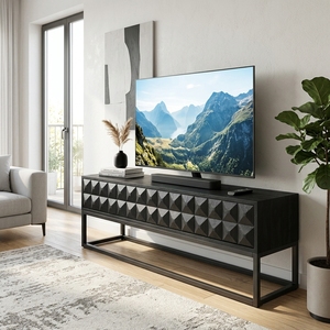Dice Low TV Cabinet <b>Black</b> Modern Wooden Media <b>Console</b> Entertainment Center Geometric Diamond Pattern Carved Facade Metal Base - Product Image 5