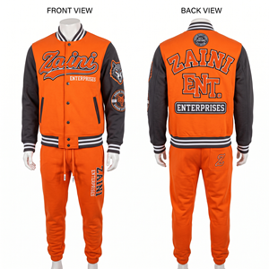 Conjunto Deportivo Varsity de Felpa de Algodón Grueso de 450 GSM, Color Naranja y Negro, con Parches de Chenilla Bordados, para Entrenamiento - Product Image 1