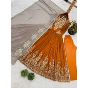 Designer Heavy Multi-Thread Embroidery Sequence Work <b>Evening</b> Dress Party Wear <b>Gown</b> with Dupatta - Product Image 6