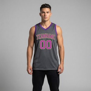 Maillot de basket gris et violet pour homme, col rond, sans manches, en mesh, sublimé, nom de l'équipe 00, anti-transpiration, antibactérien, 100% - Product Image 1