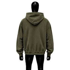 Olive Oversized Zip Up Hoodie Vintage Washed Heavyweight Cotton Streetwear Unisex Relaxed Fit Casual Distressed Pocket Design - Product Image 2