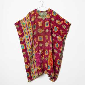 Artisanal Kantha Embroidery Kimono Hand-Stitched Eco-Friendly <b>Plus</b> <b>Size</b> Vintage Saree Jacket Patchwork Cotton Duster V-neck - Product Image 2