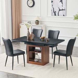 Tavolo da Pranzo Espandibile 59-71 Pollici con Funzione Estraibile Abbinato a 4 Sedie Nere in PU Design a Righe Verticali Set Sala da Pranzo - Product Image 2