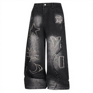 กางเกงทำงานทรงหลวมระบายอากาศได้ดี น้ำหนักปานกลาง สไตล์วินเทจสั่งตัดพิเศษสำหรับผู้ชาย สีดำ ตกแต่งด้วยผ้าปะต่อหลายส่วน ลุคทำสีซีดแบบวินเทจ - Product Image 2