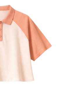 Custom <b>Peach</b> Beige Women Cropped Polo T Shirt Raglan Sleeve Casual Cotton <b>Top</b> Button Placket Loose Fit Summer Streetwear Tee - Product Image 2