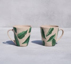 ชุดแก้วกาแฟเซรามิกทำมือ ลายใบไม้สีเขียว เคลือบเงา พร้อมหูจับถนัดมือ สำหรับใช้ดื่มชา กาแฟที่บ้าน - Product Image 1