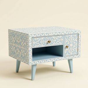 Mesita de noche tradicional india con incrustaciones de hueso, ecológica y de lujo, con cajón organizador para el dormitorio. - Product Image 1