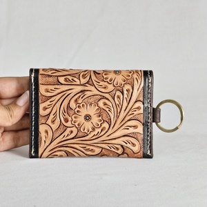 Magnifique mini portefeuille en cuir véritable fait main avec fermeture à bouton antivol, porte-clés, bordure noire, idéal pour les femmes, usage quotidien - Product Image 2
