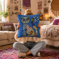 Housse de coussin brodée motif chat bleu en fil de soie artisanal du Cachemire, style bohème, en coton, 16 pouces, durable, avec fermeture éclair, pour la maison