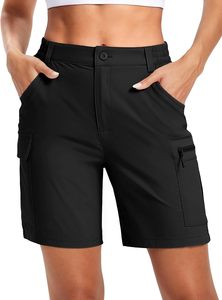 Short cargo gris pour femme, taille haute, fermeture boutonnée, séchage rapide, coupe sportive avec poches, style classique, couleur unie, tissu tricoté - Product Image 5