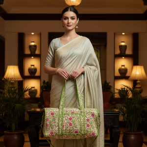 Bolso de Viaje de Algodón con Estampado Geométrico Verde, Cierre Superior con Cremallera, Correa Cruzada, Bolso de Hombro para Fin de Semana - Product Image 2