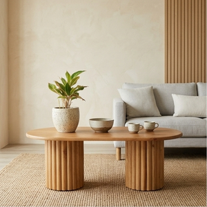 Table basse ovale en teck massif artisanal moderne avec base cannelée, écologique, pour salon - Product Image 5