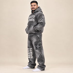 Conjunto Deportivo RexFit para Hombre, Sudadera con Capucha y Pantalones Deportivos, Estampado Digital, Felpa, Estilo Invernal, Gris con Logotipo Blanco - Product Image 2